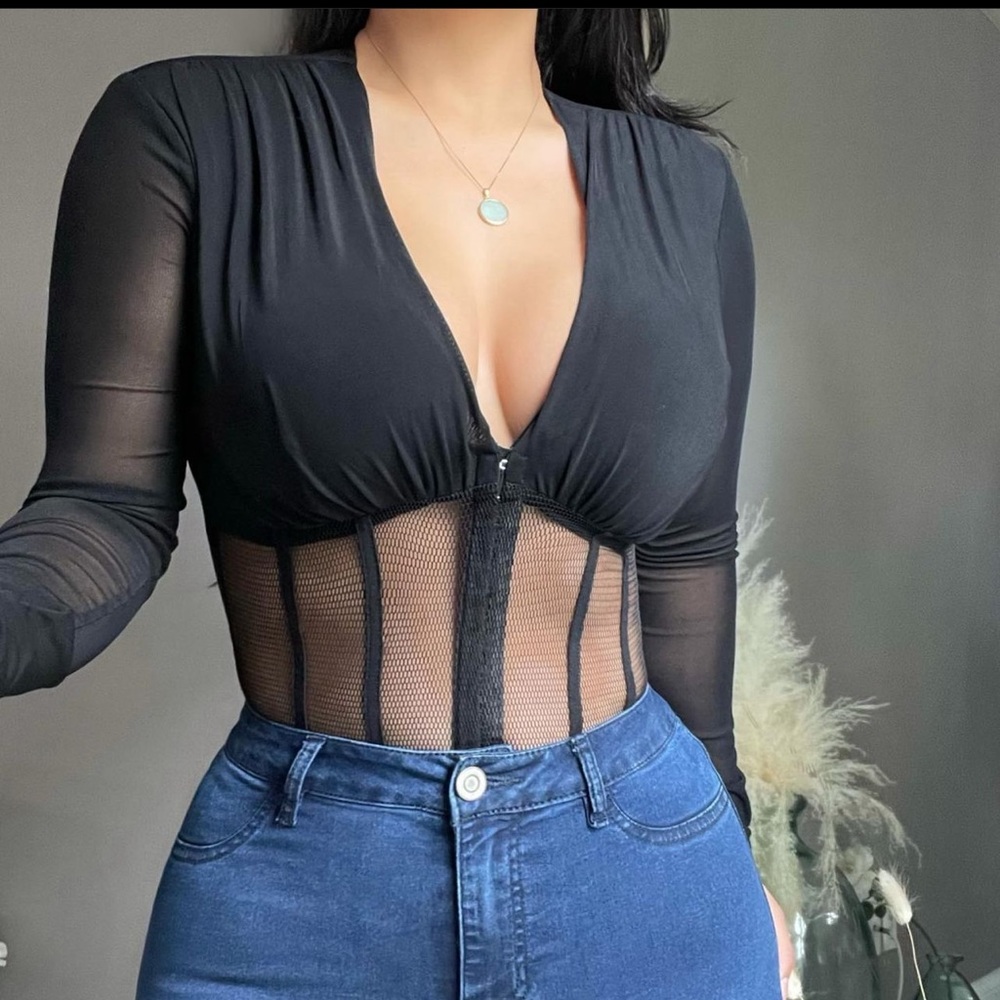 Black mesh bodysuit long sleeve
